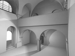 ČELÁKOVICE: 3D vizualizace současného stavu -  pohled do západní části chrámu (model M. Falta 2010 – 2012).