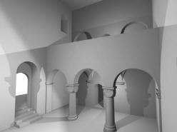 ČELÁKOVICE: 3D vizualizace možného románského stavu - pohled do západní části chrámu (model M. Falta 2010 – 2012).