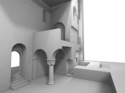ČELÁKOVICE: 3D vizualizace možného románského stavu - řez západní částí chrámu (model M. Falta 2010 – 2012).