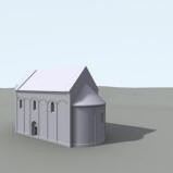 LIBČANY: 3D vizualizace kostela - možná románská podoba chrámu s naznačeným věžovým útvarem při západním průčelí (model M. Falta 2015 – 2017).
