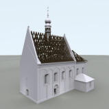 LIBČANY: 3D vizualizace kostela - podoba barokní přestavby kostela s vyznačeným renesančním krovem nad lodí a barokním nad chórem (model M. Falta 2015 – 2017). 