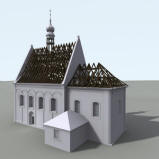 LIBČANY: 3D vizualizace kostela - podoba barokní přestavby kostela s vyznačeným renesančním krovem nad lodí a barokním nad chórem (model M. Falta 2015 – 2017). 
