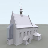 LIBČANY: 3D vizualizace kostela - současný stavu objektu, průhledně zakreslena představa zaniklé novodobé věže (model M. Falta 2015 – 2017).