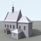 LIBČANY: 3D vizualizace kostela - současný stavu objektu, průhledně zakreslena představa zaniklé novodobé věže (model M. Falta 2015 – 2017).