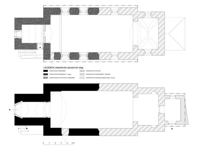 OLEŠKY: půdorys v úrovni přízemí a empory se znázorněním následnosti stavebních etap (zaměření a kresba M. Falta 2016 – 2018).