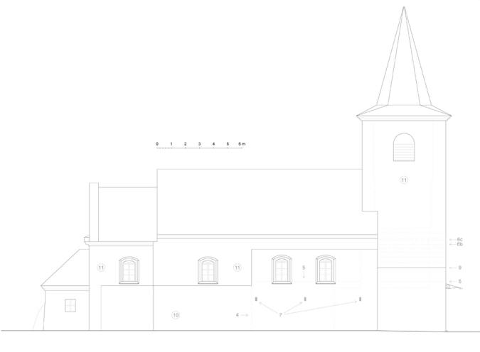 OLEŠKY: schéma severní fasády s vyznačením konkrétních prvků: 4. vertikální předěl mezi kvádrovým zdivem románské lodi a jejím novověkým prodloužením; 5. rozhraní odlišných struktur románského zdiva; 6. rozmezí mezi kvádrovým a lomovým zdivem věže (a … jižní stěna; b … západní stěna; c … severní stěna); 7. zazděné kapsy po nosných prvcích konzolovitého lešení; 9. hranice mezi omítaným a obnaženým zdivem; 10. smíšené zdivo novověkého prodloužení lodi a presbytera; 11. omítané zdivo (zaměření a kresba M. Falta 2016 – 2018).