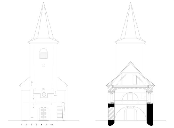 OLEŠKY: schéma západní fasády (vlevo) s vyznačením konkrétních prvků: 5. rozhraní odlišných struktur románského zdiva; 6. rozmezí mezi kvádrovým a lomovým zdivem věže (a … jižní stěna; b … západní stěna; c … severní stěna); 9. hranice mezi omítaným a obnaženým zdivem; 11. omítané zdivo + příčný řez chrámem s pohledem k západu (vpravo) se znázorněním následnosti stavebních etap (zaměření a kresba M. Falta 2016 – 2018).