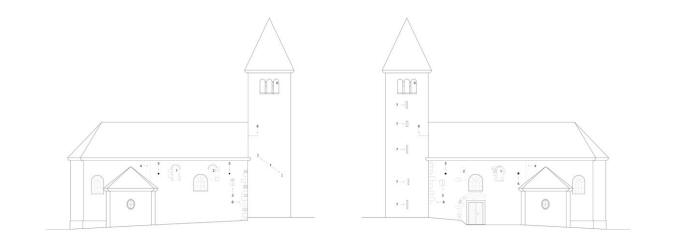 PAŘÍŽOV: schéma severní a jižní fasády s vyznačením románských prvků: 1. východní románské špaletové okno, 2. západní románské špaletové okno, 3. štěrbinové okno osvětlující někdejší emporu, 4. předpokládané rozhraní mezi románskou zdí lodi a později přistavěným kněžištěm s naznačenými stopami po vyjmutém východním armování, 5. kapsy po prvcích konzolového lešení, 6. západní nárožní armování, 7. štěrbinová okna osvětlující prostory v jednotlivých podlažích věže, 8. pozice rozhraním mezi stěnou s rytými spárami a lomovým zdivem bez povrchové úpravy, které je patrné na vnější stěně východní zdi věže, 9. románská sdružená okna posledního patra věže, 10. západní část kamenného ostění a pozůstatek překladu a archivolty hlavního vstupního románského portálu (zaměření a kresba M. Falta 2011 – 2012).