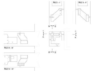 PAŘÍŽOV: půdorys schodiště v tloušťce zdi s příslušnými řezy (zaměření a kresba M. Falta 2011 – 2012).