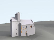 PAŘÍŽOV: 3D vizualizace - hypotetická podoba kostela s provizorní dřevěnou zvonicí (model M. Falta 2012 - 2013).