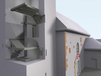 PAŘÍŽOV: 3D vizualizace řezu věže s vyznačením dochovaných i předpokládaných románských dřevěných prvků (Model M. Falta 2012 - 2013).