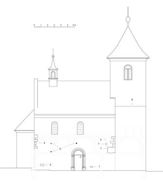 Schéma severní fasády s vyznačením románských prvků (1. náhrobek s nápisem „† WOGZLAVA DOMICELLA“, 2. náhrobek s nápisem „† BARTOLOMEUS † P PRESBYT † HIC IACET“, 3. portál, 4. nárožní armování, 5. kapsy po prvcích lešení, 6. rozhraní mezi románským kvádrovým zdivem a pozdější konstrukcí z lomového kamene ve druhém patře věže (zaměření a kresba M. Falta 2010 – 2011).
