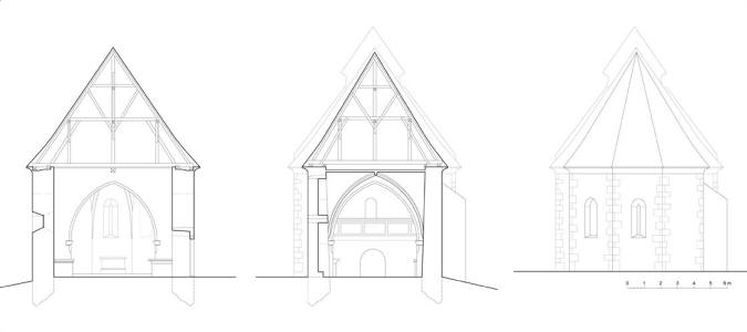 VCOV: přčn řez chrmem s pohledem k vchodu a zpadu; schma vchodn fasdy presbyteria (zaměřen a kresba M. Falta 2013 - 2017).