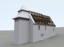 VCOV: 3D vizualizace exteriru kostela - současn stav objektu s vyznačenm gotickm krovem nad lod a chrem (model M. Falta 2016  2017).