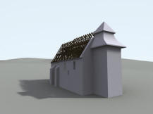 VÍCOV: 3D vizualizace exteriéru kostela - současný stav objektu s vyznačeným gotickým krovem nad lodí a chórem (model M. Falta 2016 – 2017).