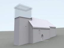 VÍCOV: 3D vizualizace exteriéru kostela - možná původní podoba chrámu s naznačeným zvonovým patrem nad zděným tělem věže (model M. Falta 2016 – 2017).