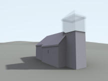 VCOV: 3D vizualizace exteriru kostela - mon původn podoba chrmu s naznačenm zvonovm patrem nad zděnm tělem věe (model M. Falta 2016  2017).