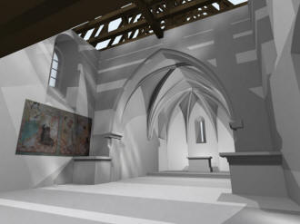 VÍCOV: 3D vizualizace interiéru kostela - současný stavu objektu s vyznačeným gotickým krovem nad lodí a chórem (model M. Falta 2016 – 2017).