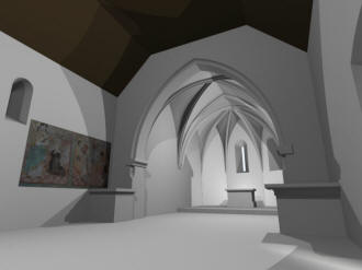 VÍCOV: 3D vizualizace interiéru kostela - možná původní podoba chrámu s naznačeným předpokládaným zastropením lodi a klenutým presbyteriem (model M. Falta 2016 – 2017).